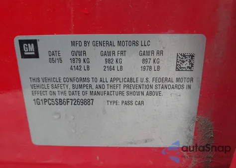 2015 Chevrolet Cruze 1Lt Auto из США, поврежденный, VIN 1G1PC5SB6F7269887